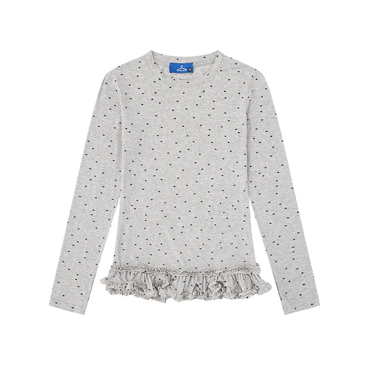 Damen Langarmshirt mit Rüschen-Saum und Pünktchen-Allover Drune