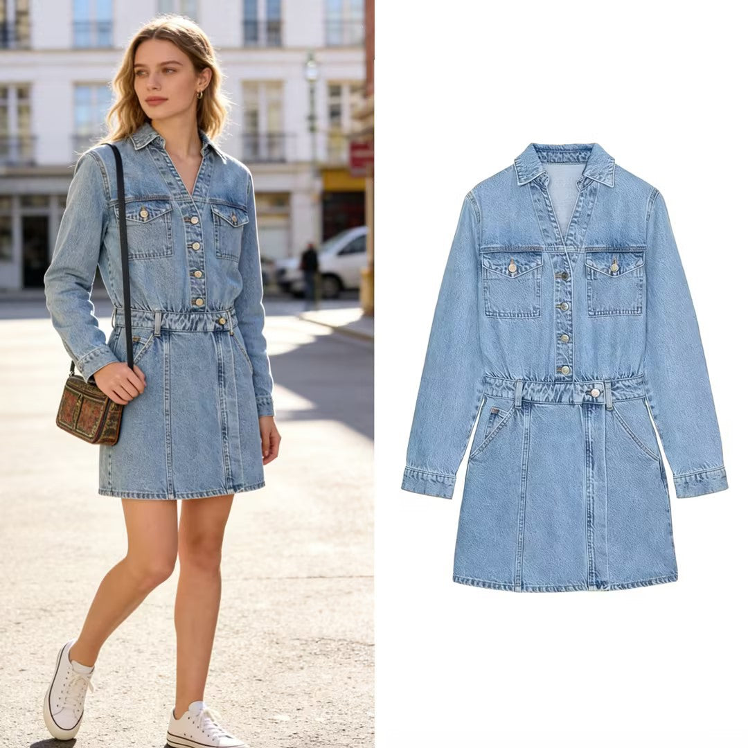 Damen Tailliertes Jeans-Minikleid mit Hemdkragen, aufgesetzten Brusttaschen und dekorativer Knopfleiste Drune