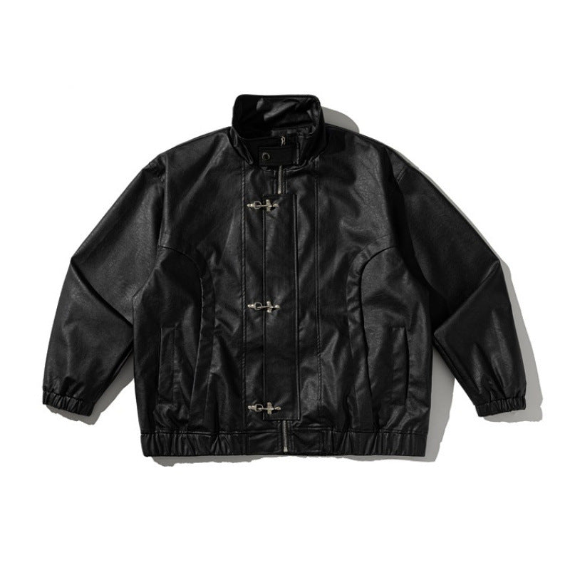 Unisex Boxy-Kurzjacke aus veganem Leder mit hohem Kragen, Knebel-Front und elastischem Saum Drune