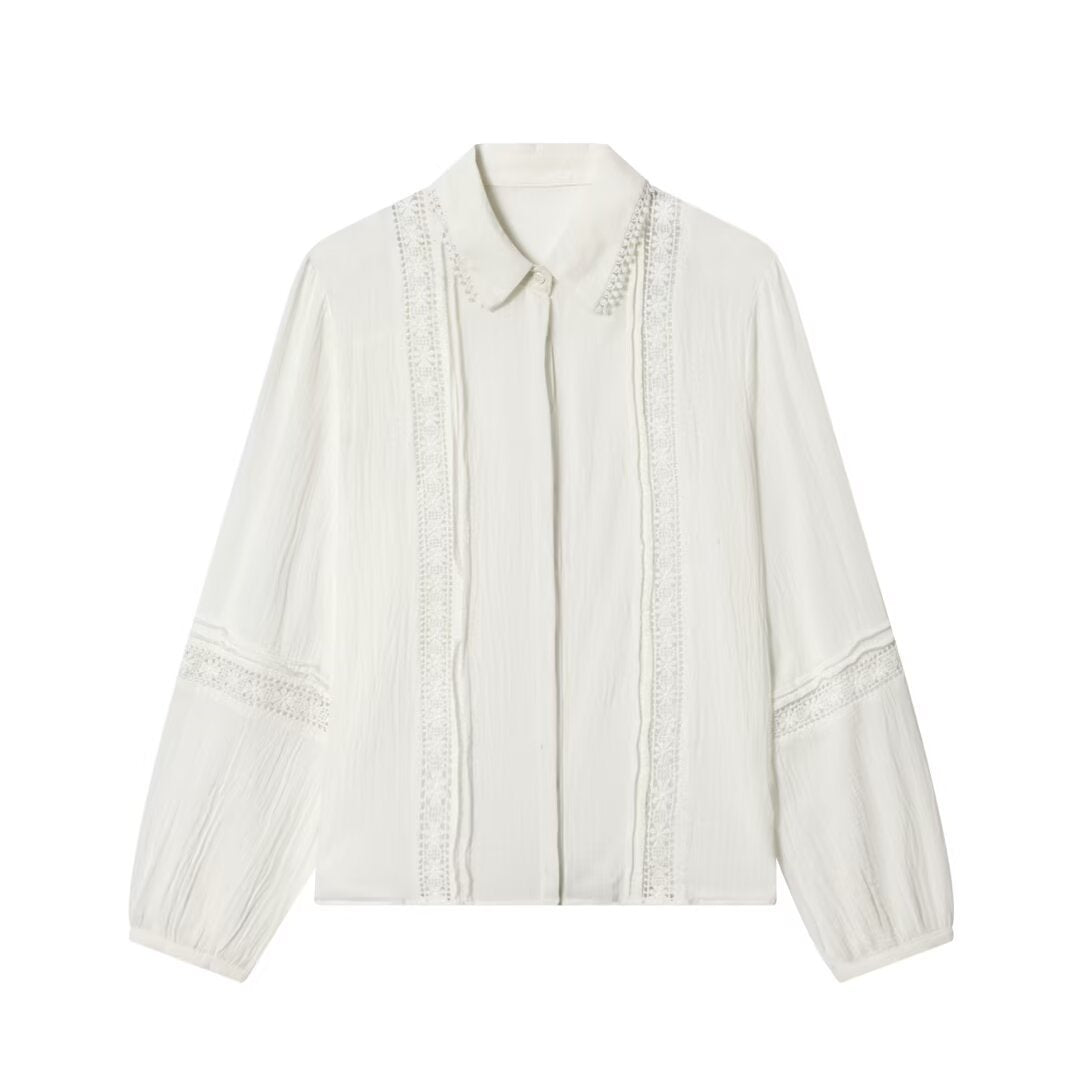 Damen Elegante Baumwollmisch‑Bluse mit Spitzenpasse, verdeckter Knopfleiste und weiten Ballonärmeln Drune
