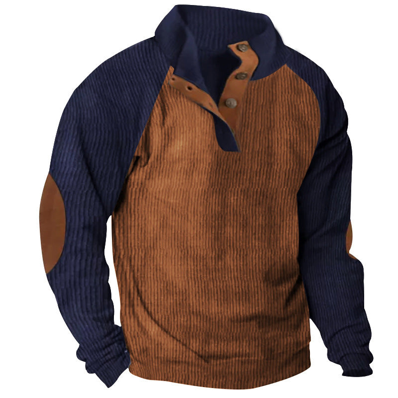 Herren Strukturiertes Raglan-Henley-Pullover mit Stehkragen, Ellenbogenpatches & Knopfleiste Drune