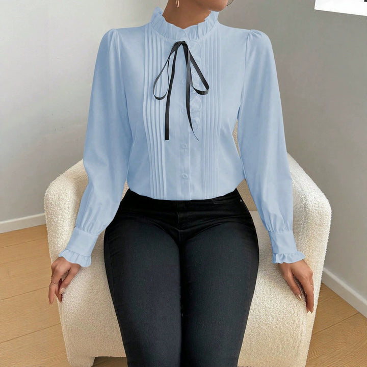 Damen Rüschenbluse mit Stehkragen, Längsfalten und Schleifenband Drune