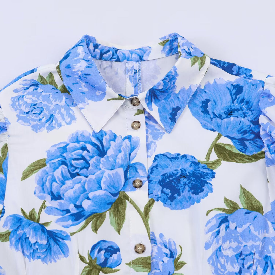 Damen Hemdbluse im A-Linien‑Schnitt mit floraler Allover‑Print, taillierten Teilungsnähten und Puffärmeln Drune