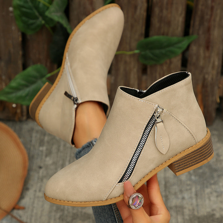 Damen Kurzschaftstiefelette mit seitlichem Reißverschluss und niedrigem Blockabsatz Drune