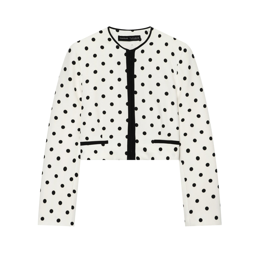Damen nan kurz geschnittener Polka‑Dot Blazer mit Rundhalsausschnitt, verdeckter Knopfleiste und kontrastpaspel Drune