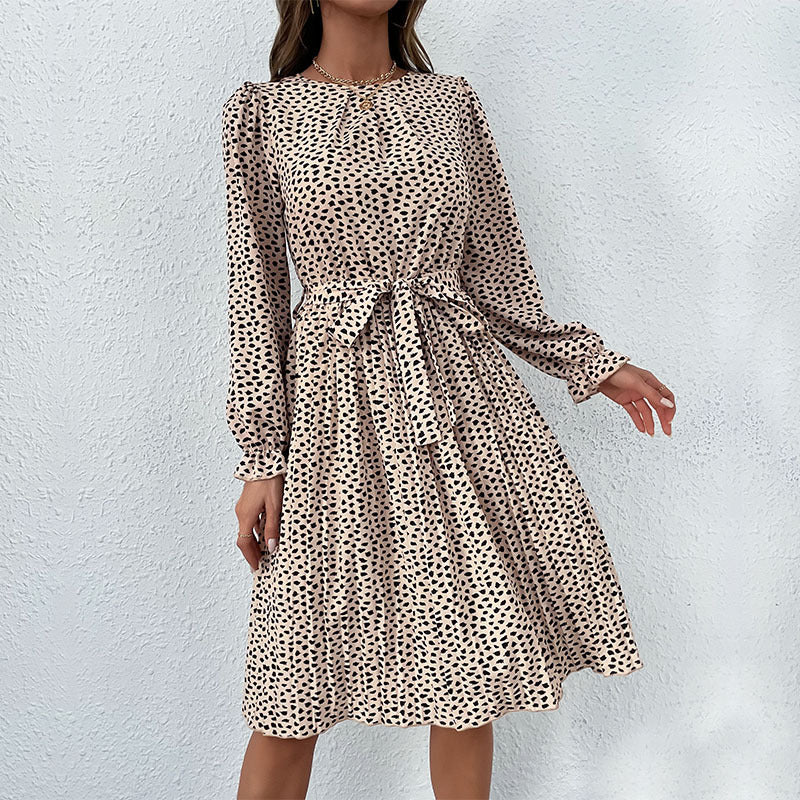 Damen Midi-Kleid mit Taillengürtel und Punkten Drune