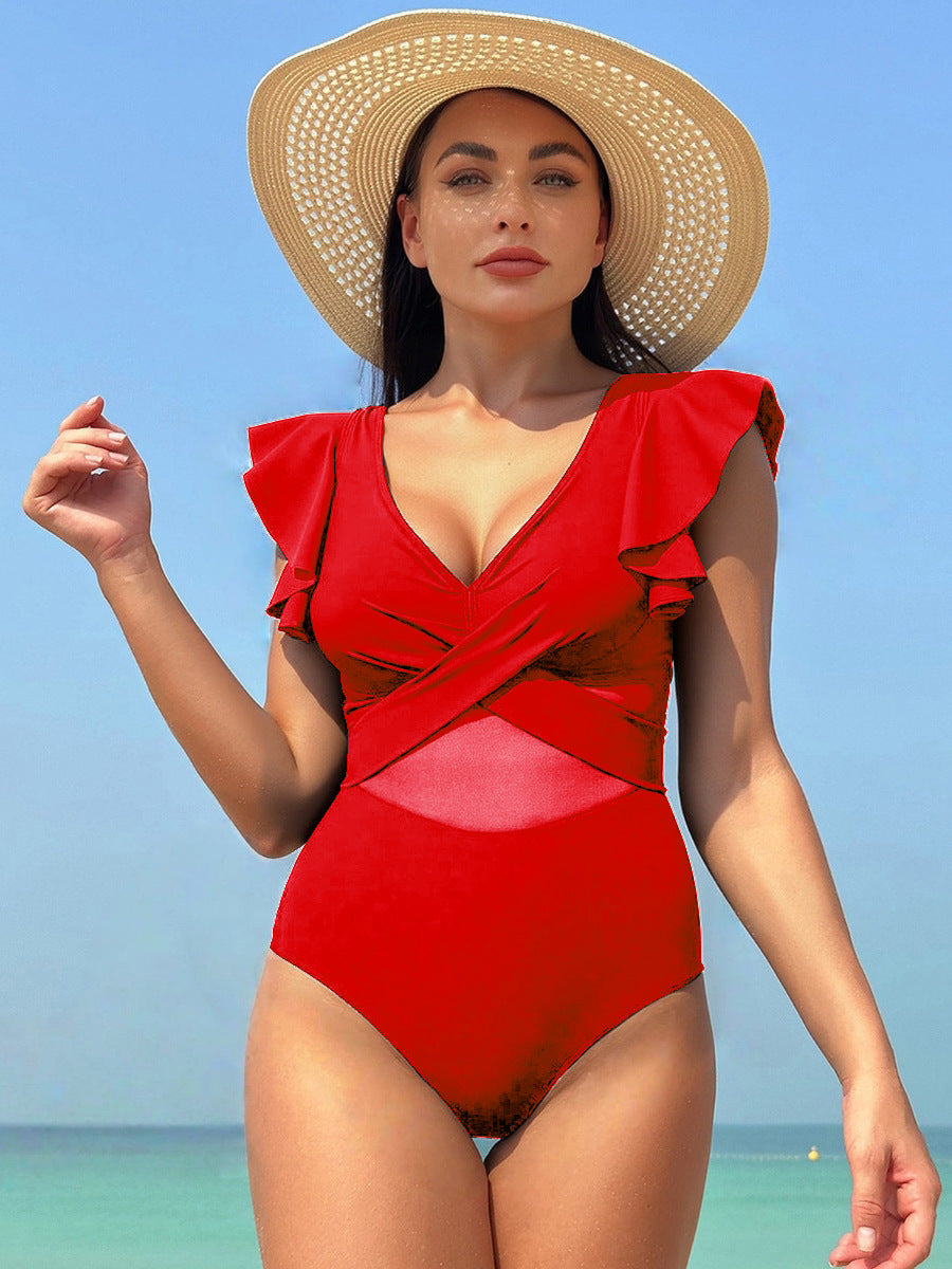 Damen Eleganter Einteiler Badeanzug mit asymmetrischem Rüschendesign Drune