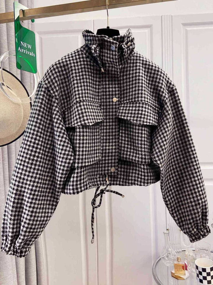 Damen Karo-Cropped-Jacke mit Stehkragen, Tunnelzug und elastischen Bündchen Drune