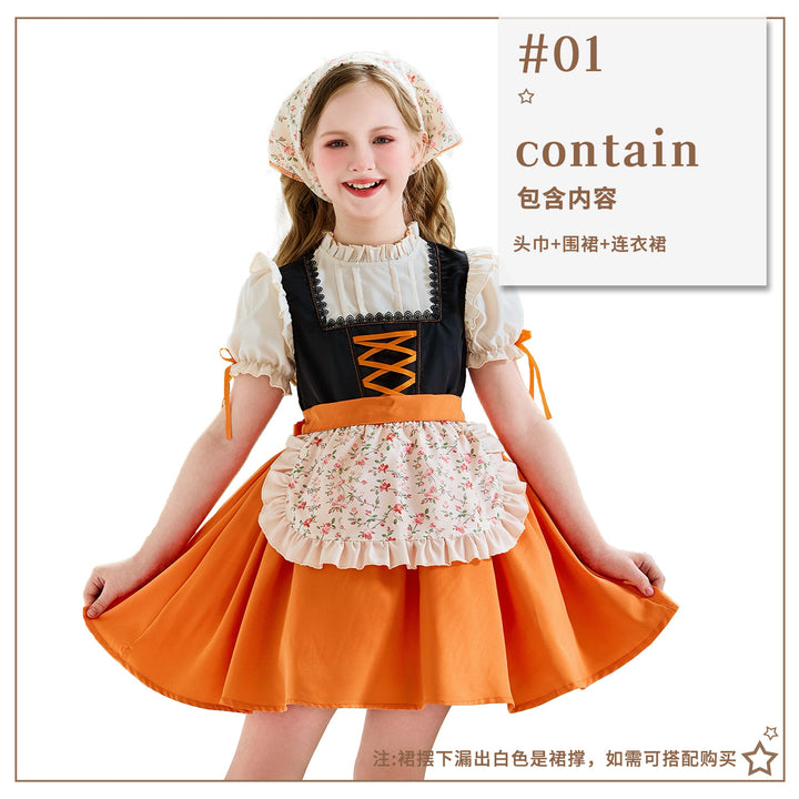Damen nan traditionelles Kinderdirndl mit Schnürung, Rüschenschürze und Kopftuch Drune