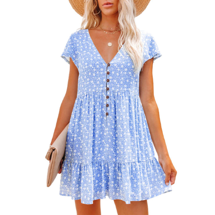 Damen Blümchen Kleid mit Knopfleiste und Volantdetails Drune