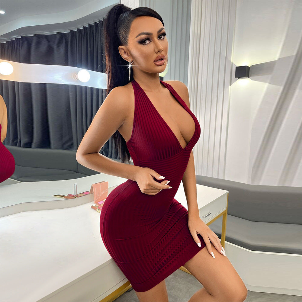 Damen figurbetontes Minikleid mit tiefem V-Ausschnitt Drune