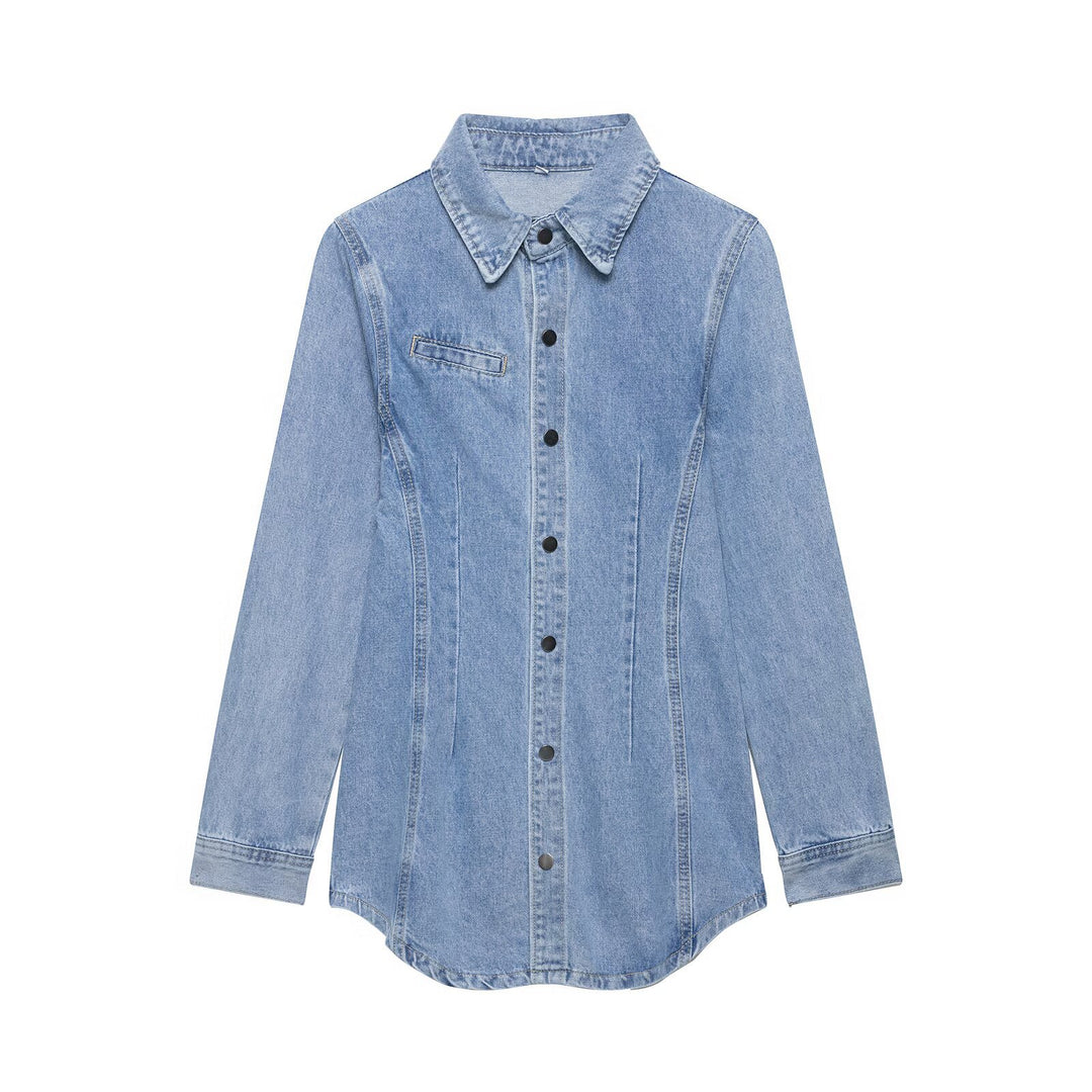 Damen Oversize Denim-Hemdjacke mit taillierten Abnähern und Druckknöpfen Drune