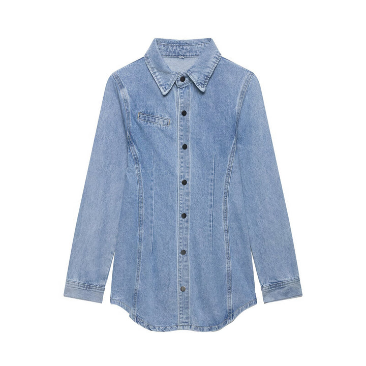 Damen Oversize Denim-Hemdjacke mit taillierten Abnähern und Druckknöpfen Drune