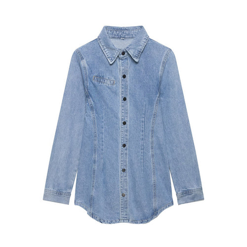 Damen Oversize Denim-Hemdjacke mit taillierten Abnähern und Druckknöpfen Drune
