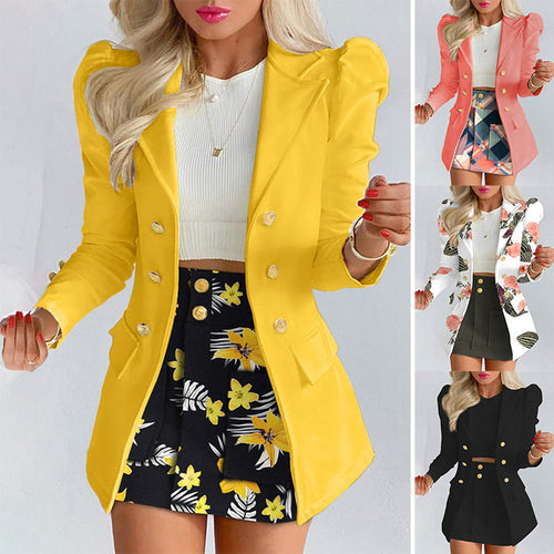 Damen Taillierter Doppelreihiger Blazer mit Puffärmeln und goldenen Zierknöpfen Drune