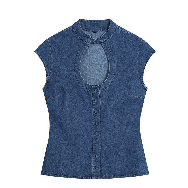 Damen Tailliertes Jeans-Top mit Schlüsselloch-Ausschnitt und durchgehender Knopfleiste Drune