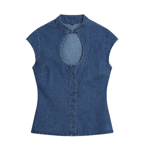 Damen Tailliertes Jeans-Top mit Schlüsselloch-Ausschnitt und durchgehender Knopfleiste Drune