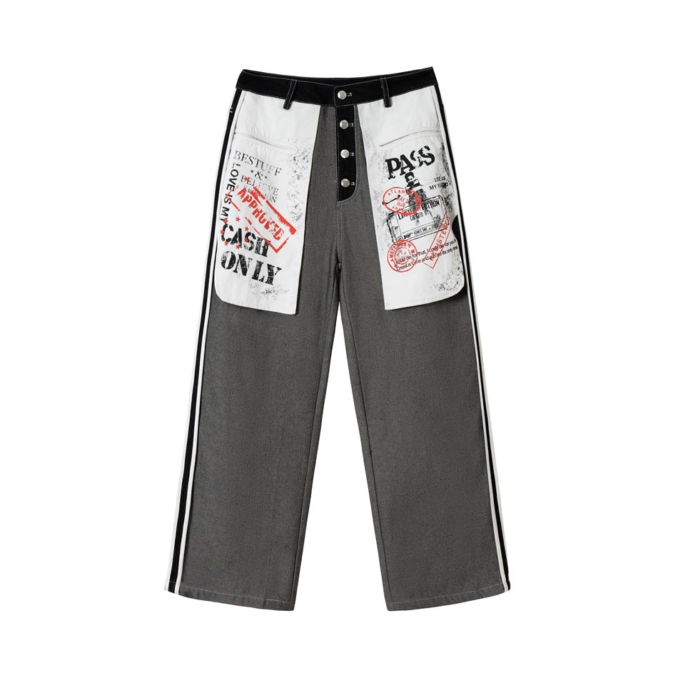 Damen Wide-Leg Cargo-Jeans mit aufgesetzten Grafik-Patches und Kontraststreifen Drune