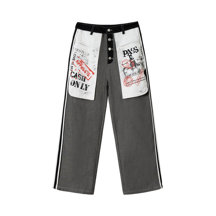 Damen Wide-Leg Cargo-Jeans mit aufgesetzten Grafik-Patches und Kontraststreifen Drune