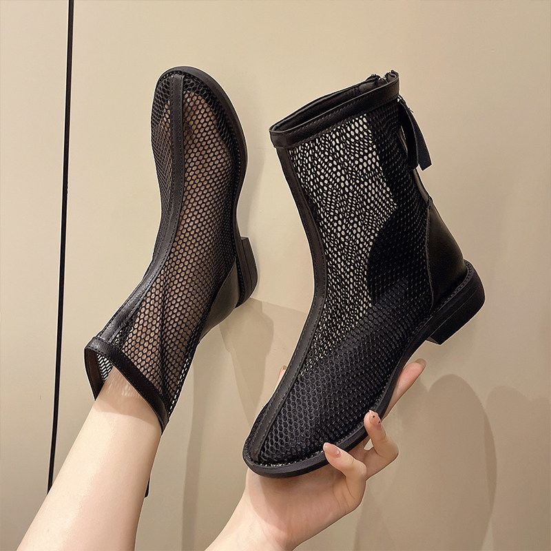 Damen Durchsichtige Netz‑Mesh Ankle‑Boots mit Reißverschluss und Lederbesatz Drune
