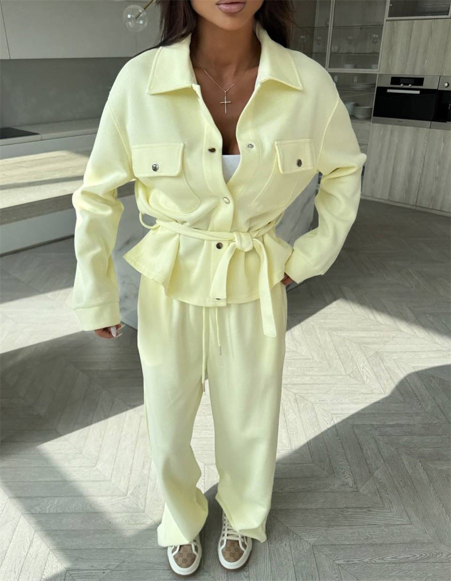 Damen Zweiteiliges Loungewear-Set mit tailliertem Blouson, Bindegürtel und weiter Palazzo-Hose Drune