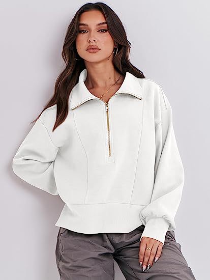 Damen Halb-Zip Kragen Entspannt Sweatshirt Pullover mit Rippbund und -manschetten Drune