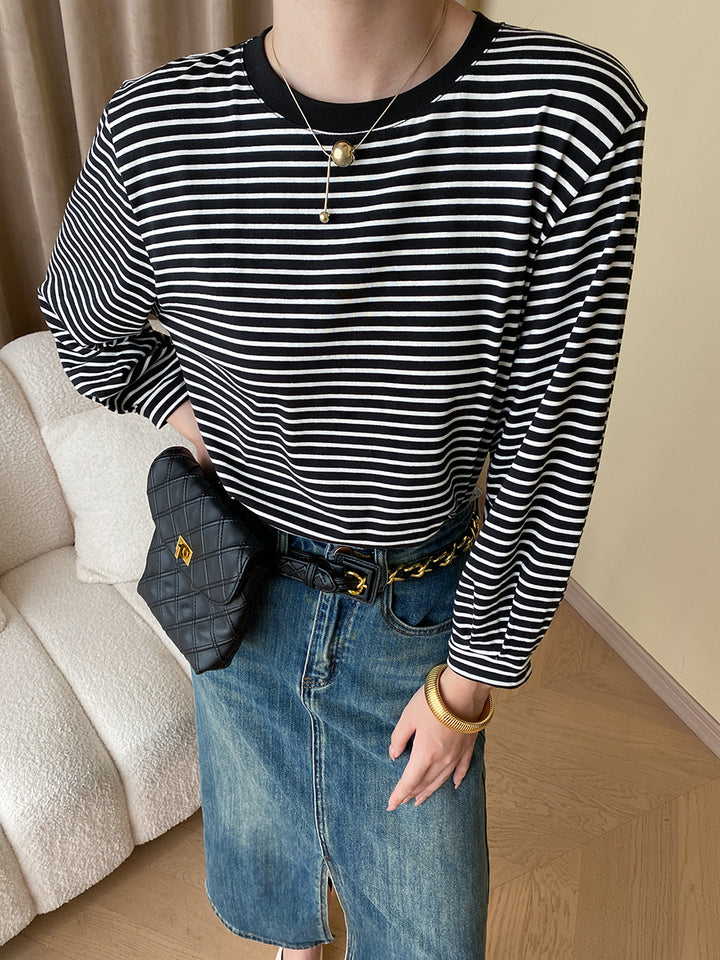 Damen lässiges gestreiftes Langarmshirt mit Rundhalsausschnitt und bequemer Passform Drune