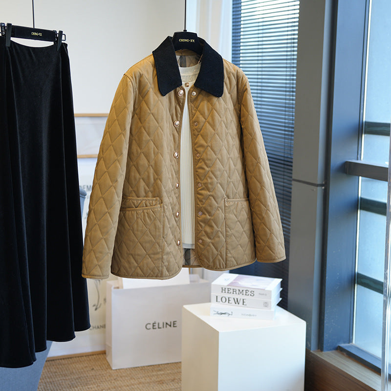 Damen Leichte gesteppte Übergangsjacke mit Cordkragen und Druckknopfleiste Drune