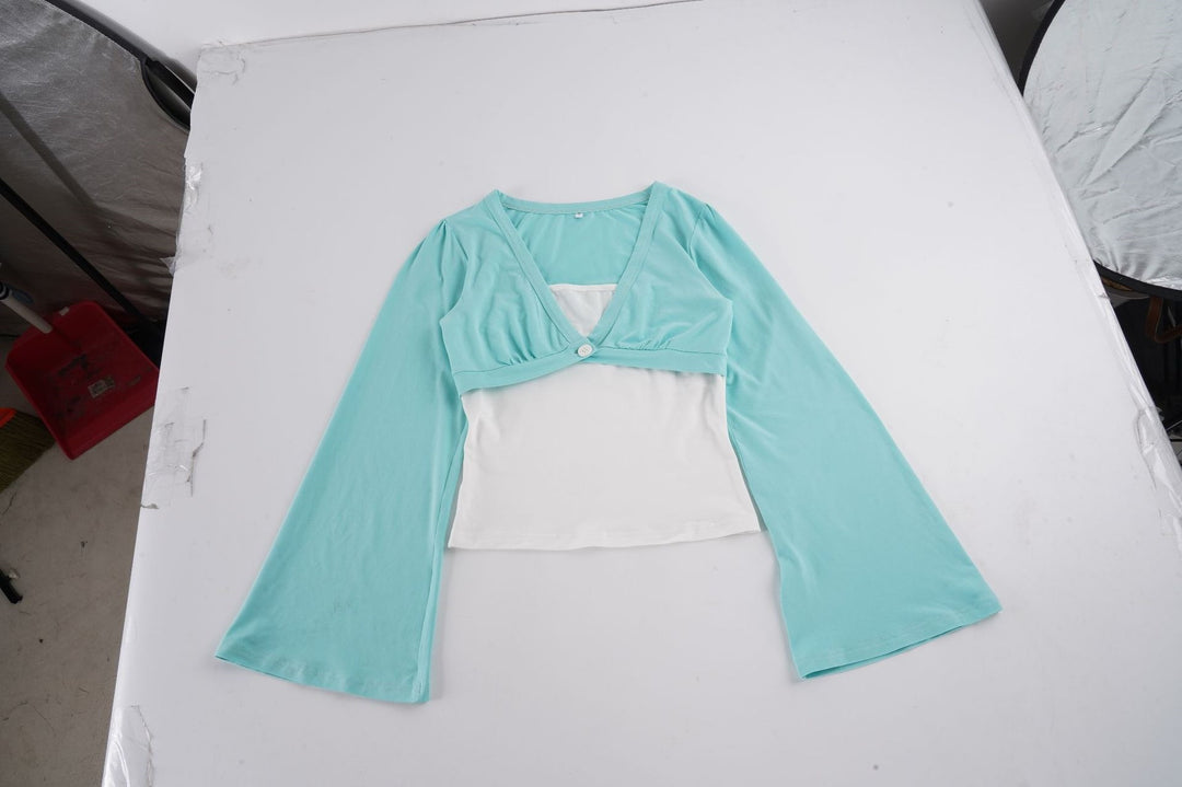 Damen Bolero-inspiriertes Crop-Top mit tailliertem Unterteil, V‑Ausschnitt und ausgestellten Ärmeln Drune