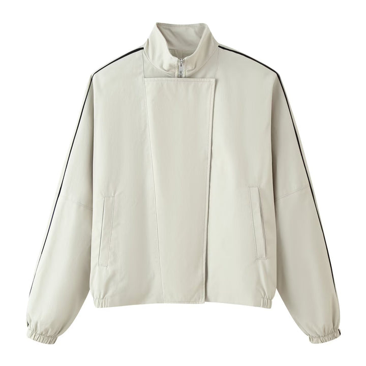 Damen Cropped Windjacke aus technischem Material mit hohem Stehkragen und Kontrastpaspel Drune