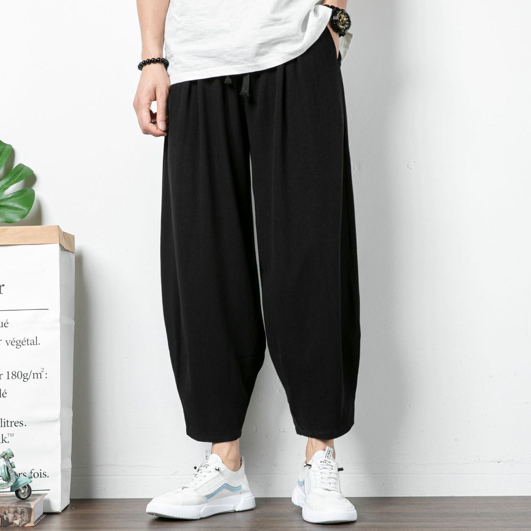 Herren Lässige Cropped Haremshose aus Baumwollmix mit Tunnelzug und gerippten Knöchelbündchen Drune