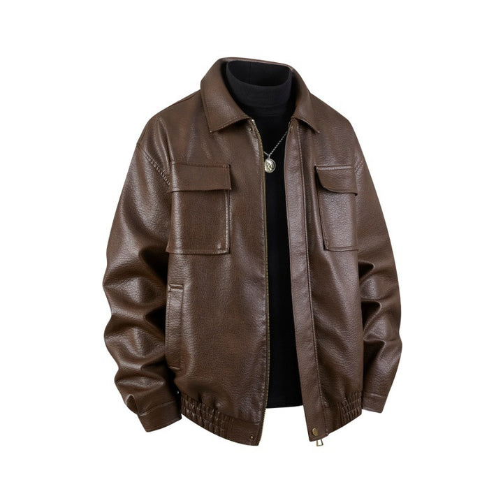 Herren Overshirt-Bomberjacke aus Kunstleder mit Klappbrusttaschen & elastischem Saum Drune