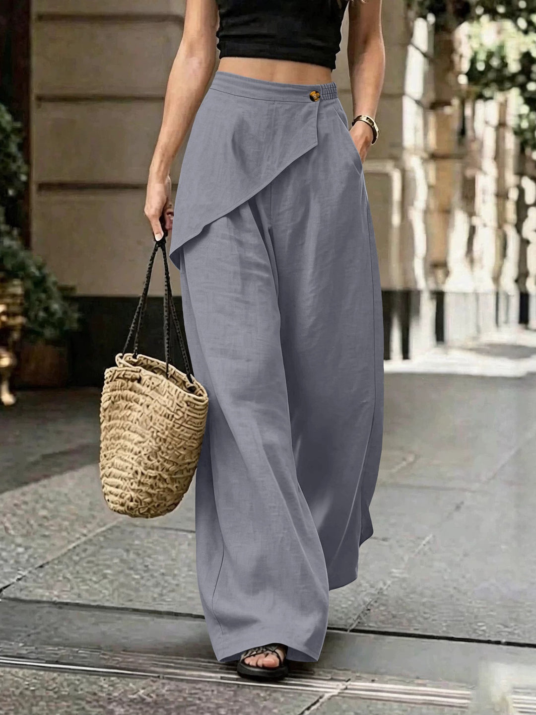 Damen Leichte Leinenhose mit Wickel-Front und weitem Bein Drune