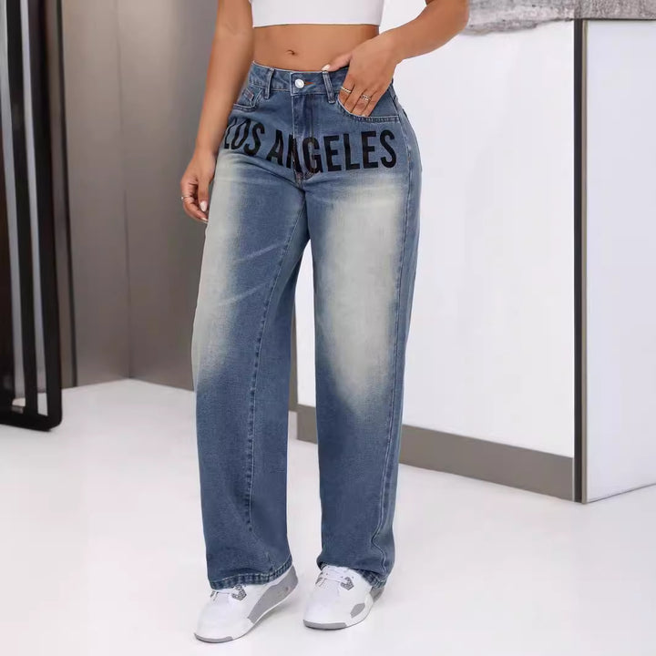 Damen weit geschnittene Jeans mit stylischem Schriftzug Drune