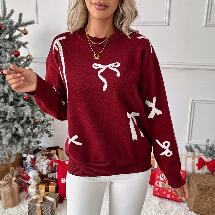 Damen Feiner Jacquard-Strickpullover mit Schleifenmotiv, Rundhalsausschnitt und geripptem Saum Drune