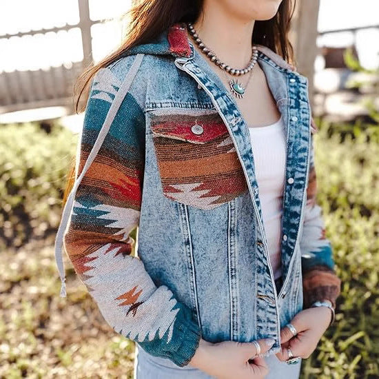 Damen Denimjacke im lässigen Boho-Stil mit Kapuze Drune