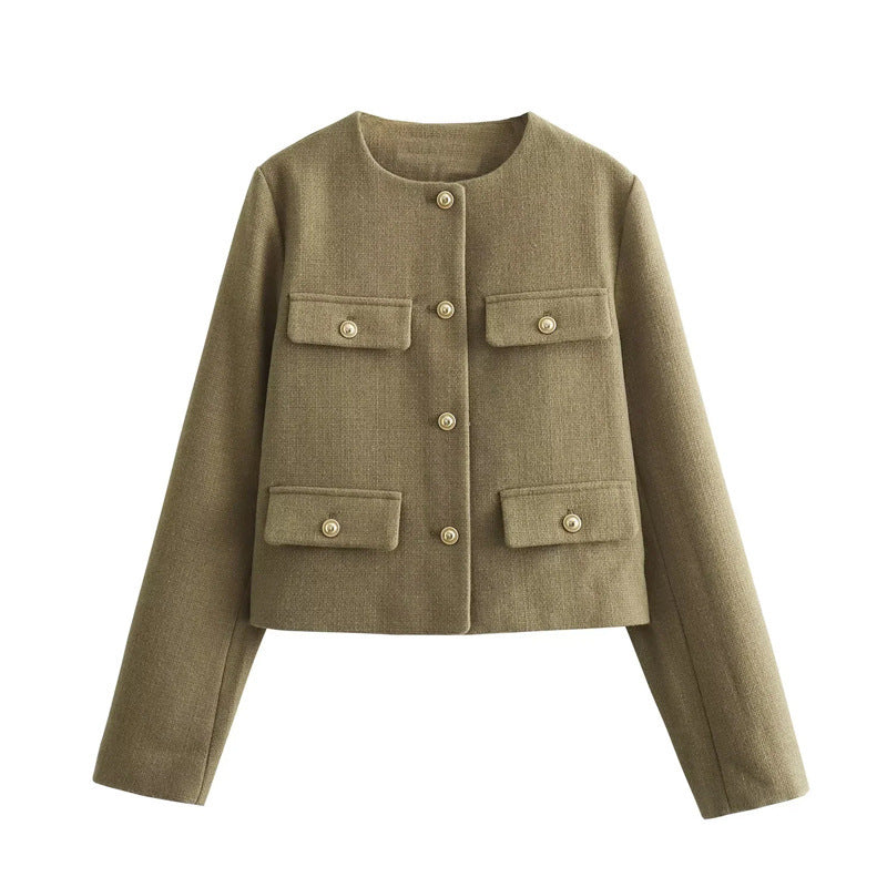 Damen Modische Kurze Jacke mit Pattentaschen