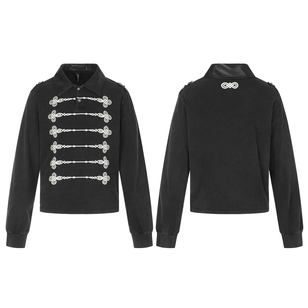Damen Polo‑Sweatshirt im Military‑Style mit dekorativen Kordelprints und Lederkragen Drune
