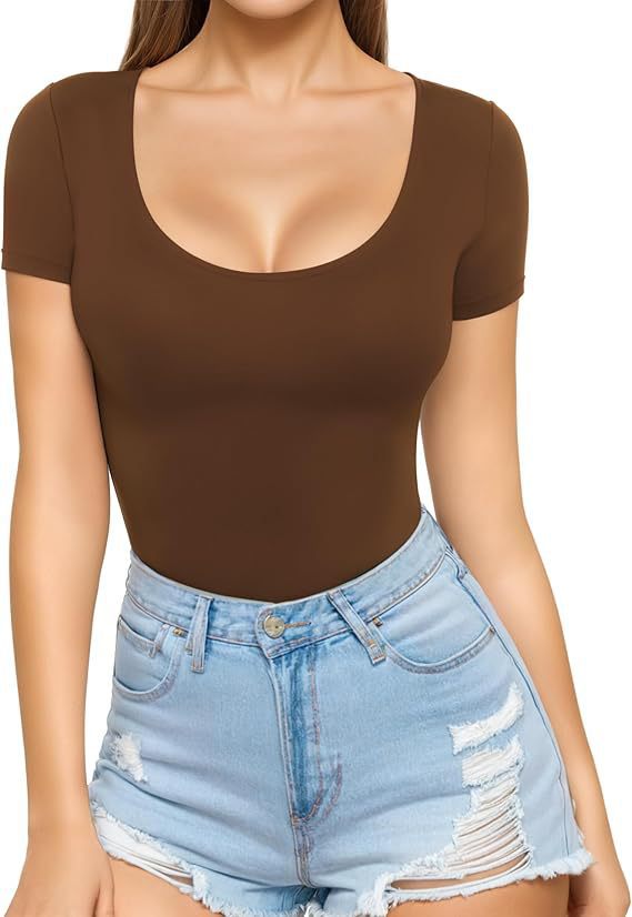 Damen figurbetontes Kurzarm-Body mit rundem Ausschnitt und nahtlosem Design Drune