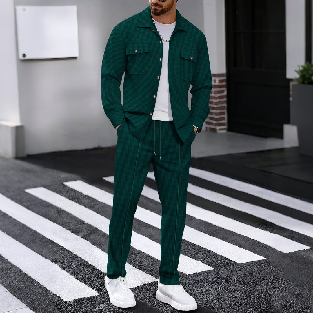 Herren Waffelstruktur Hemdjacke und Relaxhose Set Drune