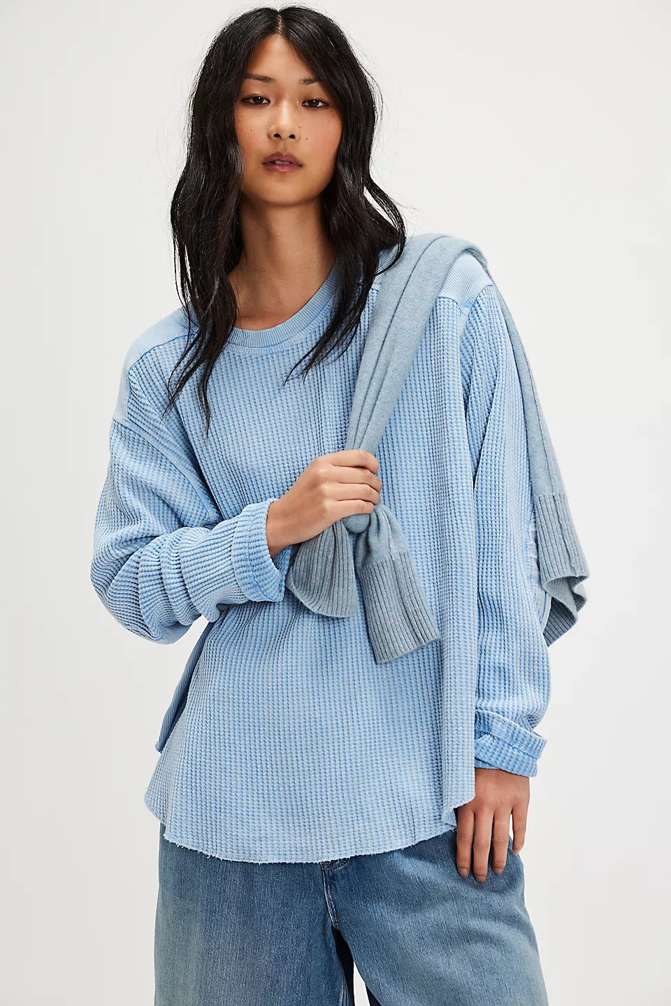 Damen Oversized Waffelstrick-Pullover mit weitem Schnitt und tiefem Raglan Drune