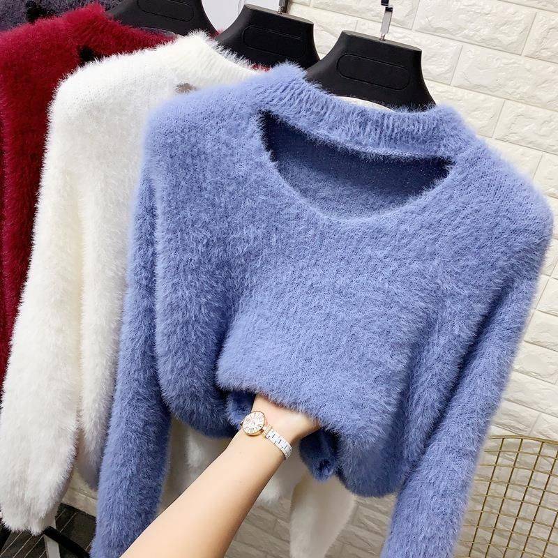 Damen kuscheliger V-Ausschnitt Pullover mit hohem Kragen Drune