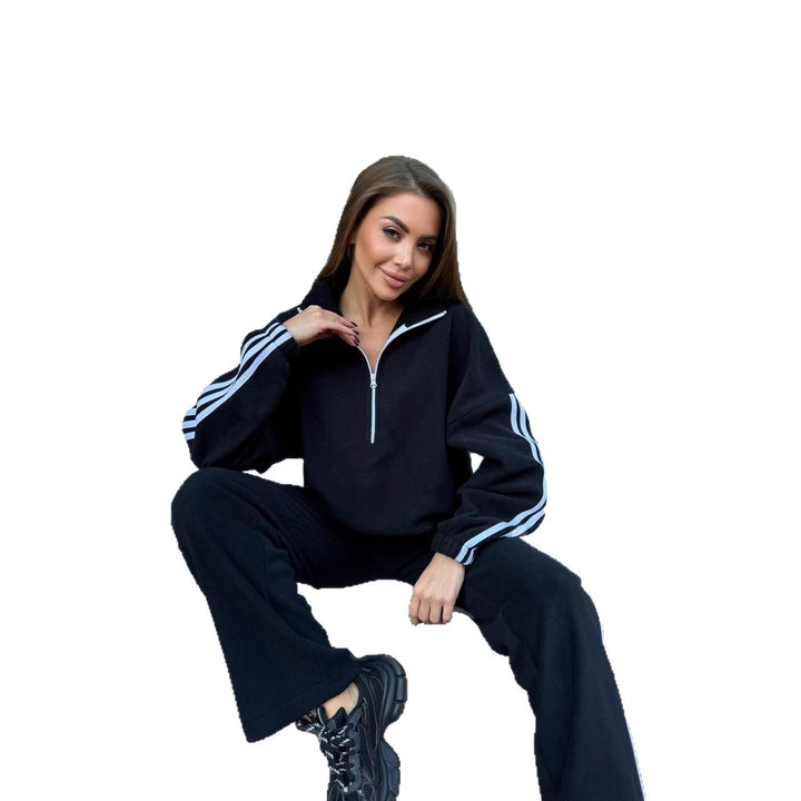 Damen Lässiges Sweat-Set mit Stehkragen, Ballonärmeln und Seitenstreifen Drune