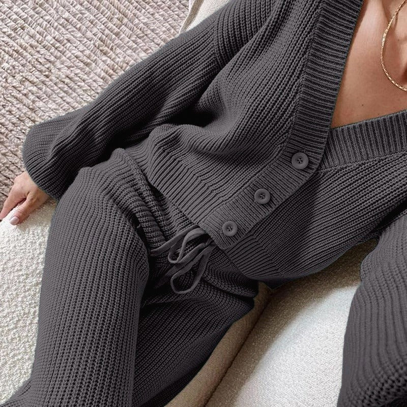 Damen Wabenstrick Set mit Knopfleiste und elastischer Hose Drune