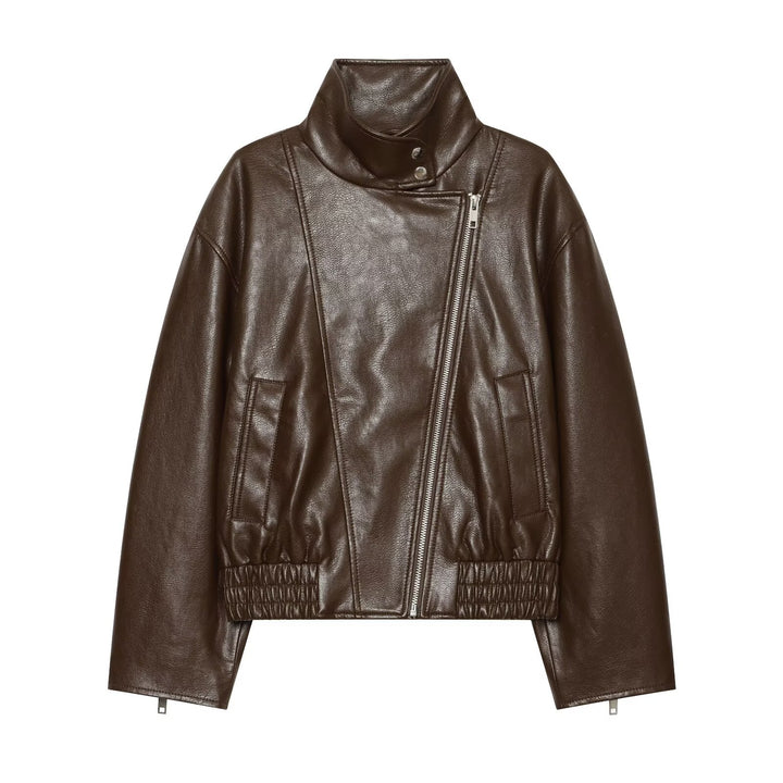 Damen Kurzes Biker‑Blouson in Lederoptik mit hohem Funnelkragen Drune
