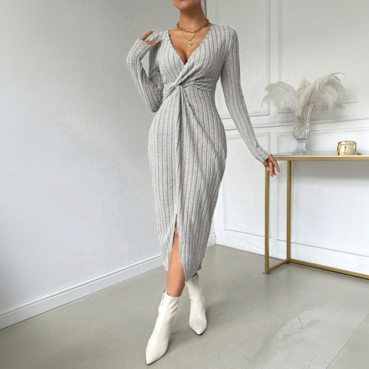 Damen geripptes Twist-Midikleid mit V-Ausschnitt, taillierter Silhouette und Frontschlitz Drune