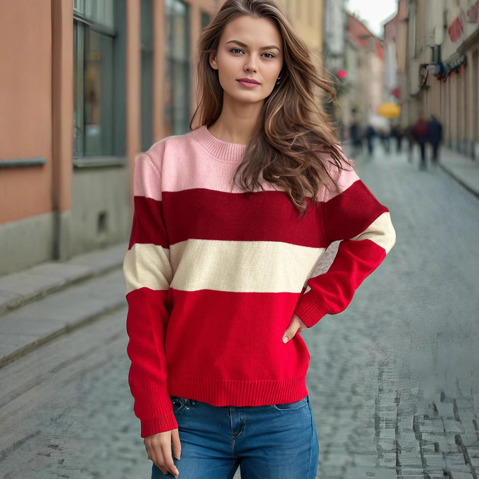 Damen moderner Casual Pullover mit farbenfrohen Blockstreifen Drune