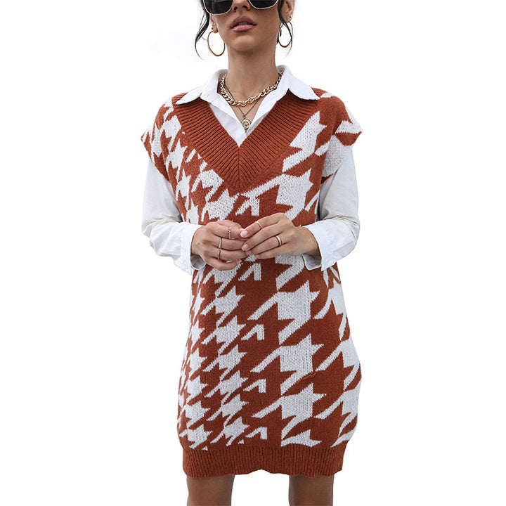 Damen Longline Strick‑Tunikaweste mit Hahnentritt‑Jacquard und tiefem V‑Ausschnitt Drune