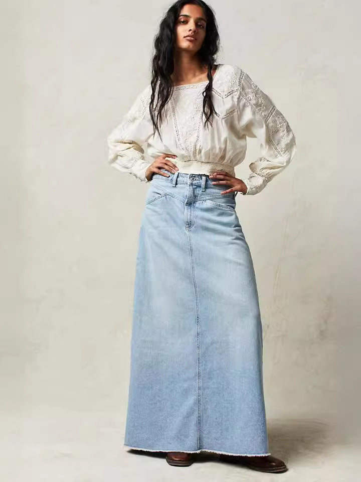 Damen Maxirock aus Denim mit hohem Bund und praktischen Taschen Drune