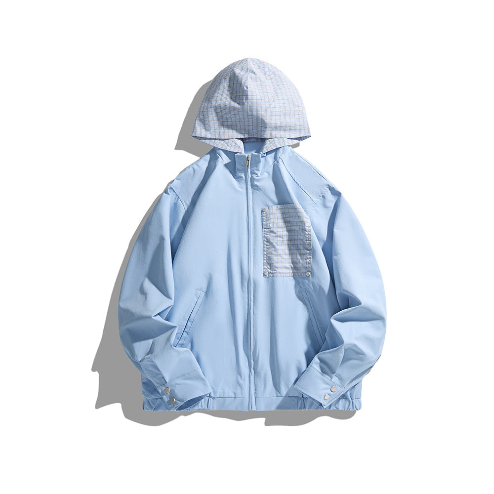 Unisex Leichte Kapuzen-Übergangsjacke mit Karopatch-Brusttasche und elastischem Saum Drune